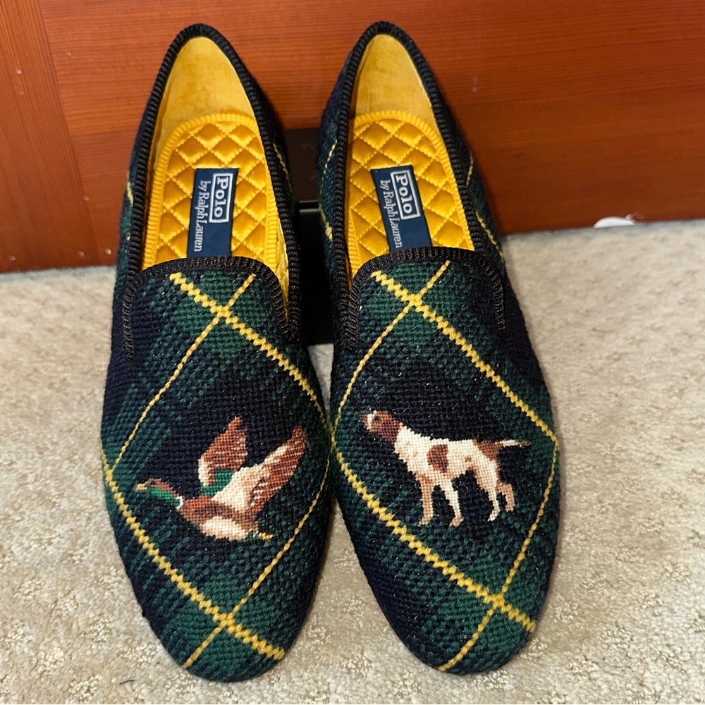 BNWOB Polo Ralph Lauren Paxton Duck & Hound Needlepoint Slipper Size 12